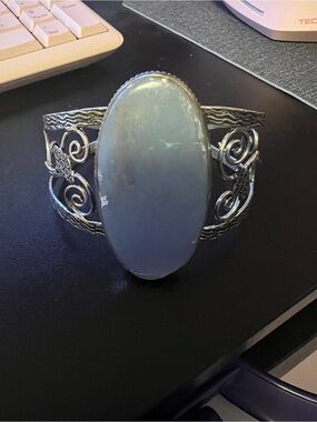 Silver Angelite Oval Stone Cuff Bracelet - Unbranded